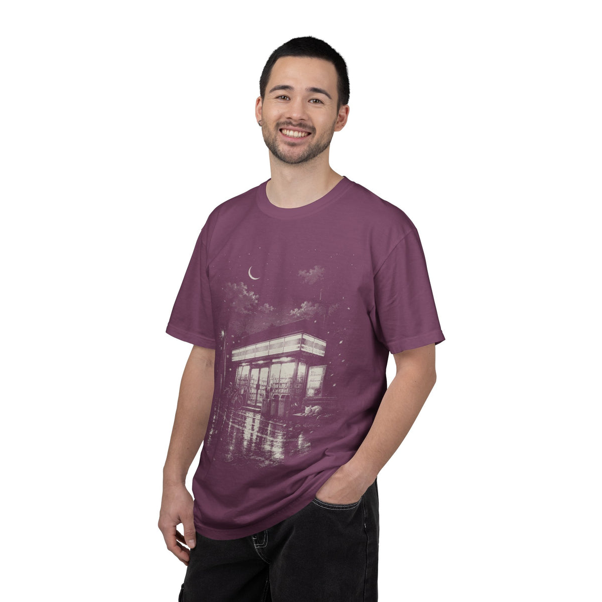 Japanese Konbini Night Comfort Colors T-Shirt | Rainy Convenience Store Graphic Tee