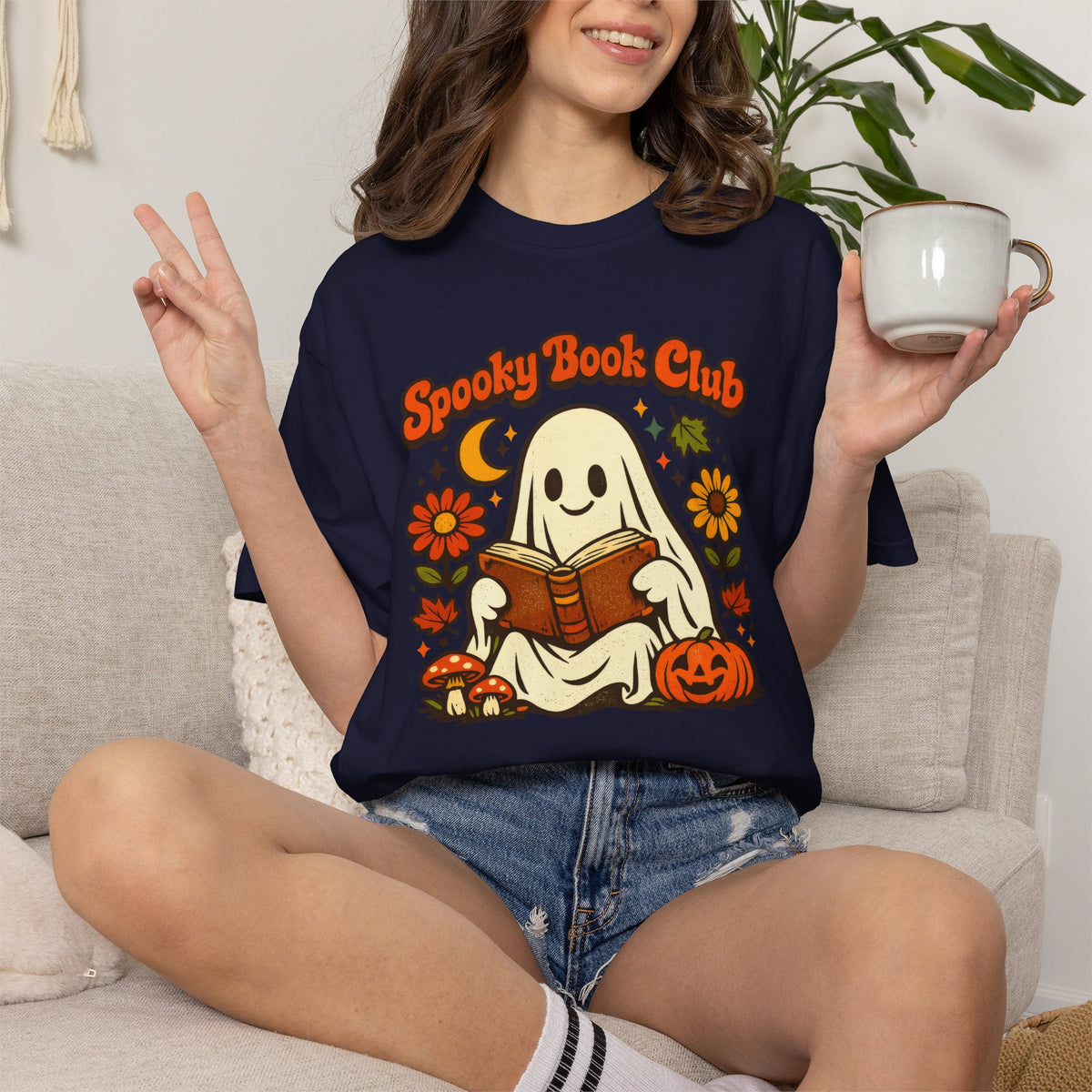 Spooky Book Club Comfort Colors T-Shirt | Cute Ghost Reading Halloween Book Lover Tee