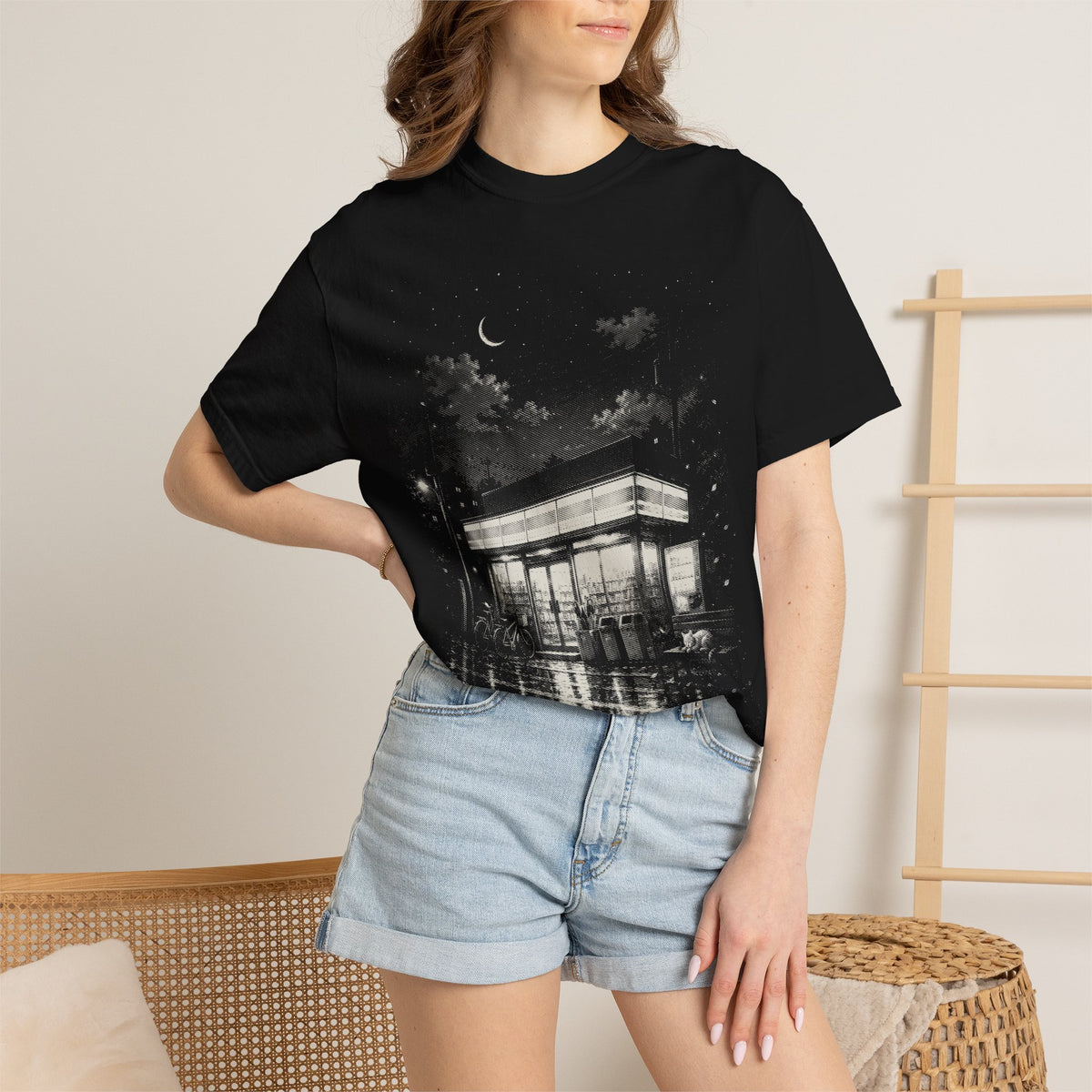 Japanese Konbini Night Comfort Colors T-Shirt | Rainy Convenience Store Graphic Tee