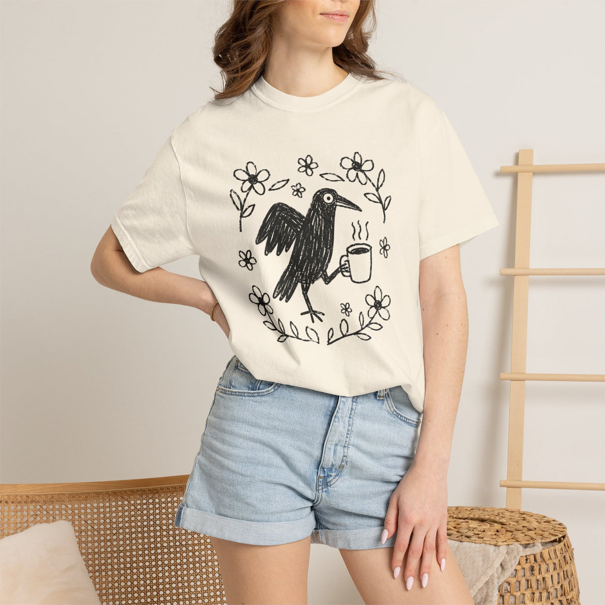 Cute Crow Holding Coffee Comfort Colors T-Shirt | Whimsical Hand-Drawn Bird Graphic Tee