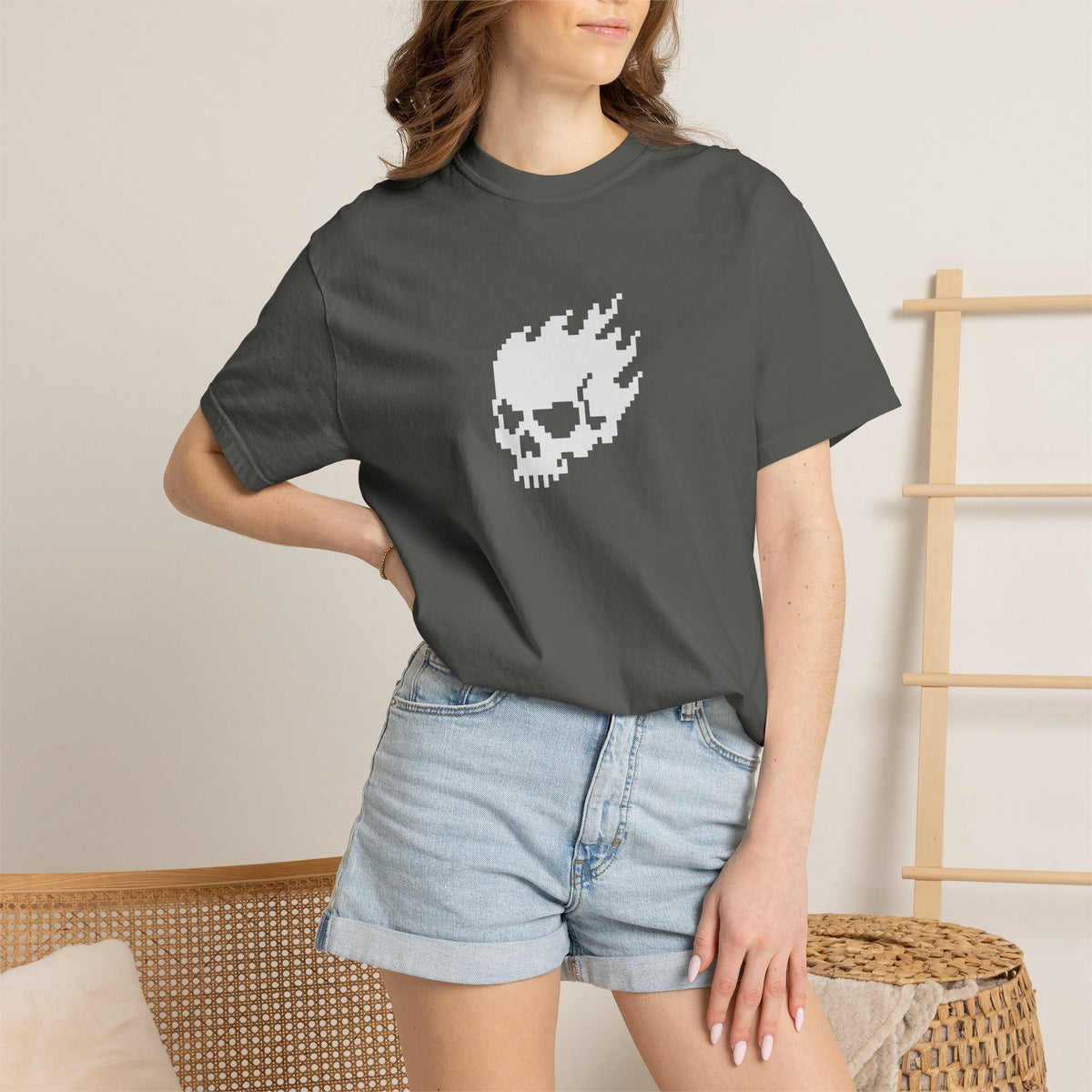 Flaming Pixel Skull Shirt – Retro Gamer Comfort Colors Graphic Tee
