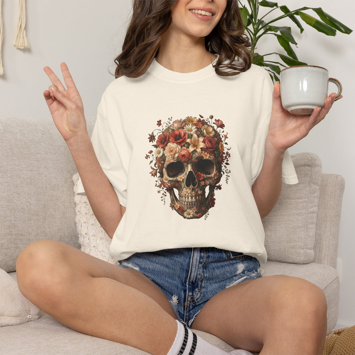 Floral Skull Shirt – Gothic Botanical Comfort Colors Graphic Tee