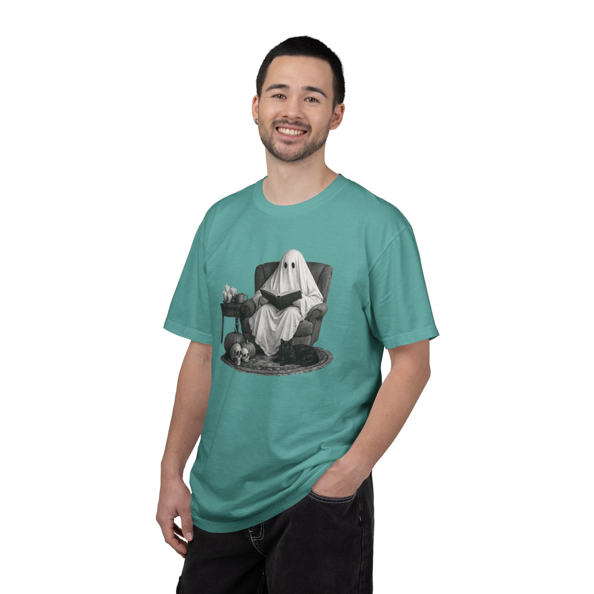 Ghost Reading With Black Cat Shirt – Spooky Bookish Comfort Colors Tee