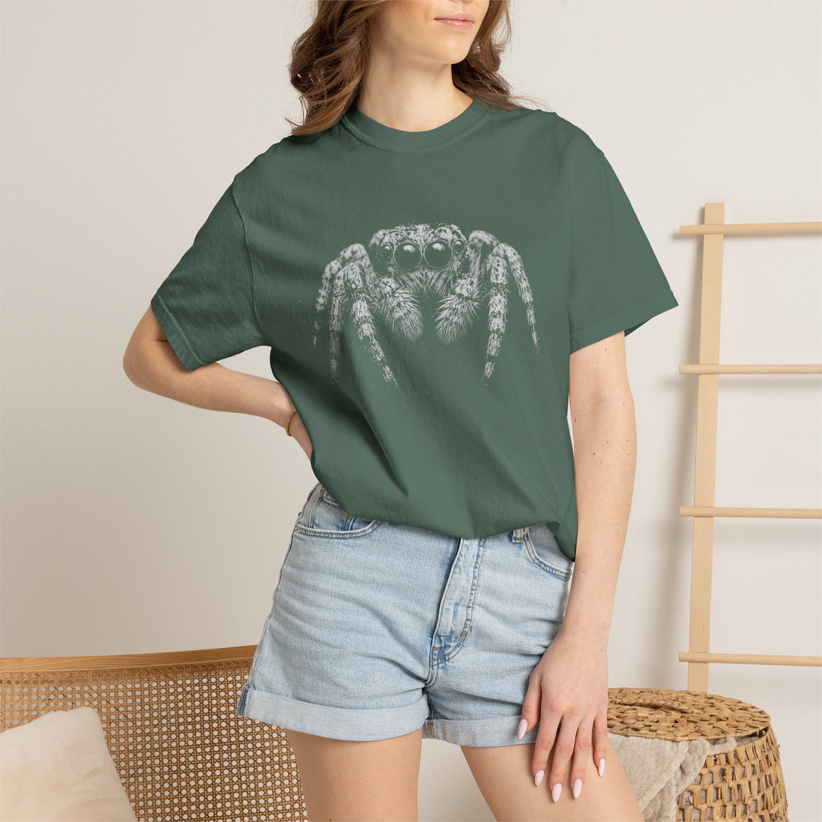Jumping Spider Comfort Colors T-Shirt | Detailed Black and White Arachnid Graphic Tee