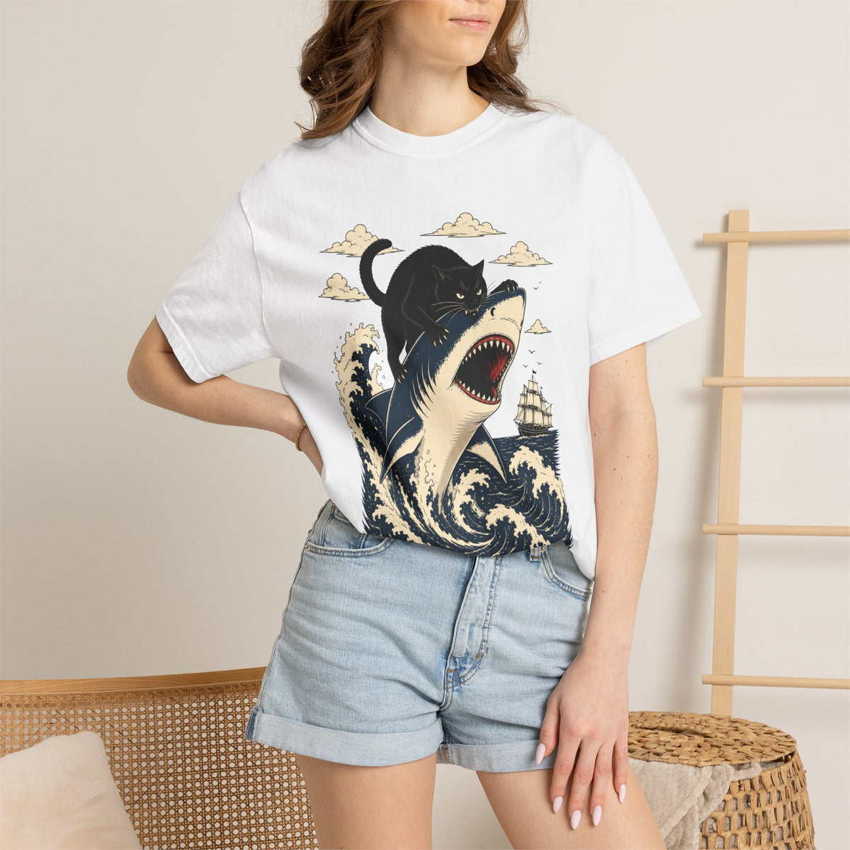 Black Cat Riding Shark Comfort Colors T-Shirt | Funny Ocean Animal Graphic Tee
