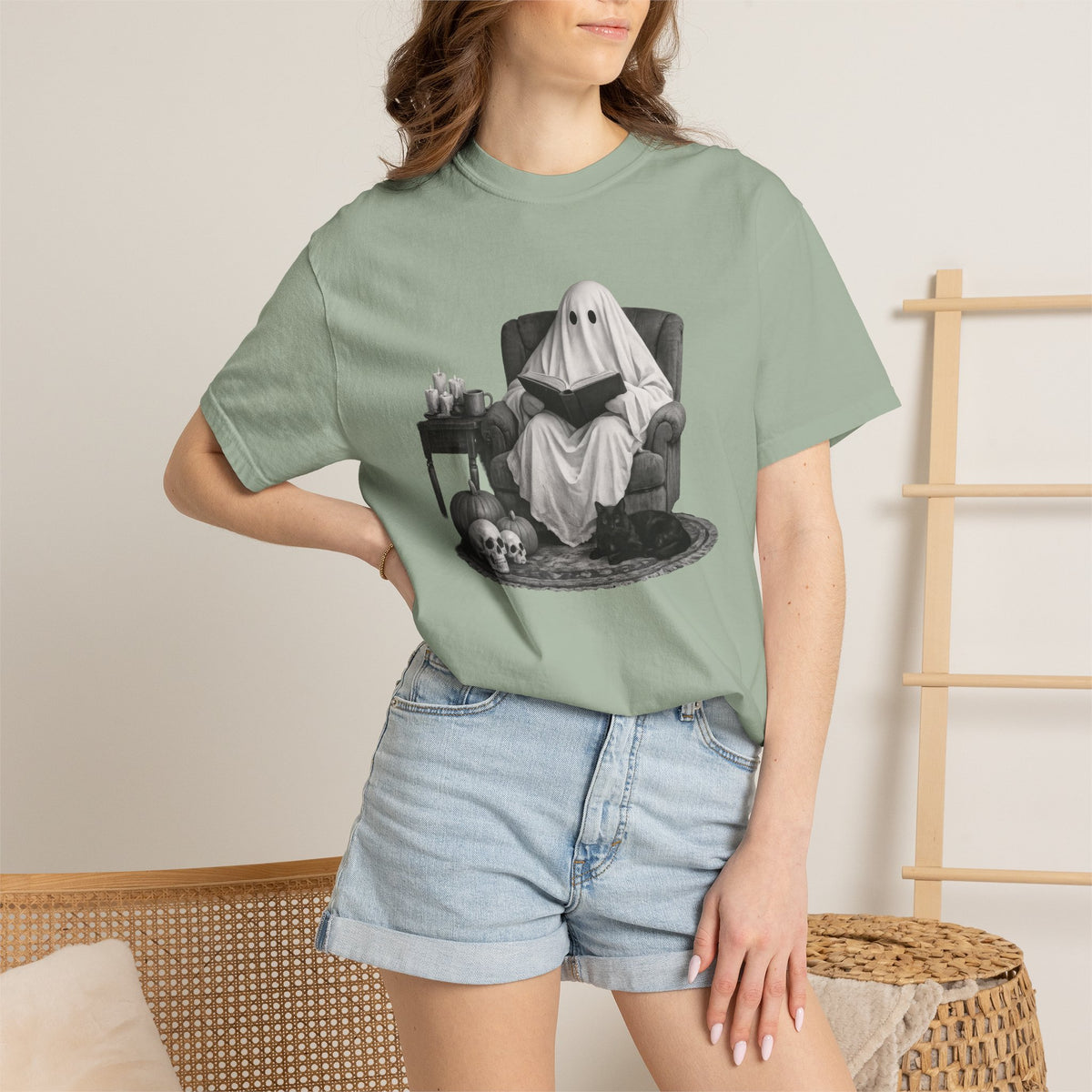 Ghost Reading With Black Cat Shirt – Spooky Bookish Comfort Colors Tee