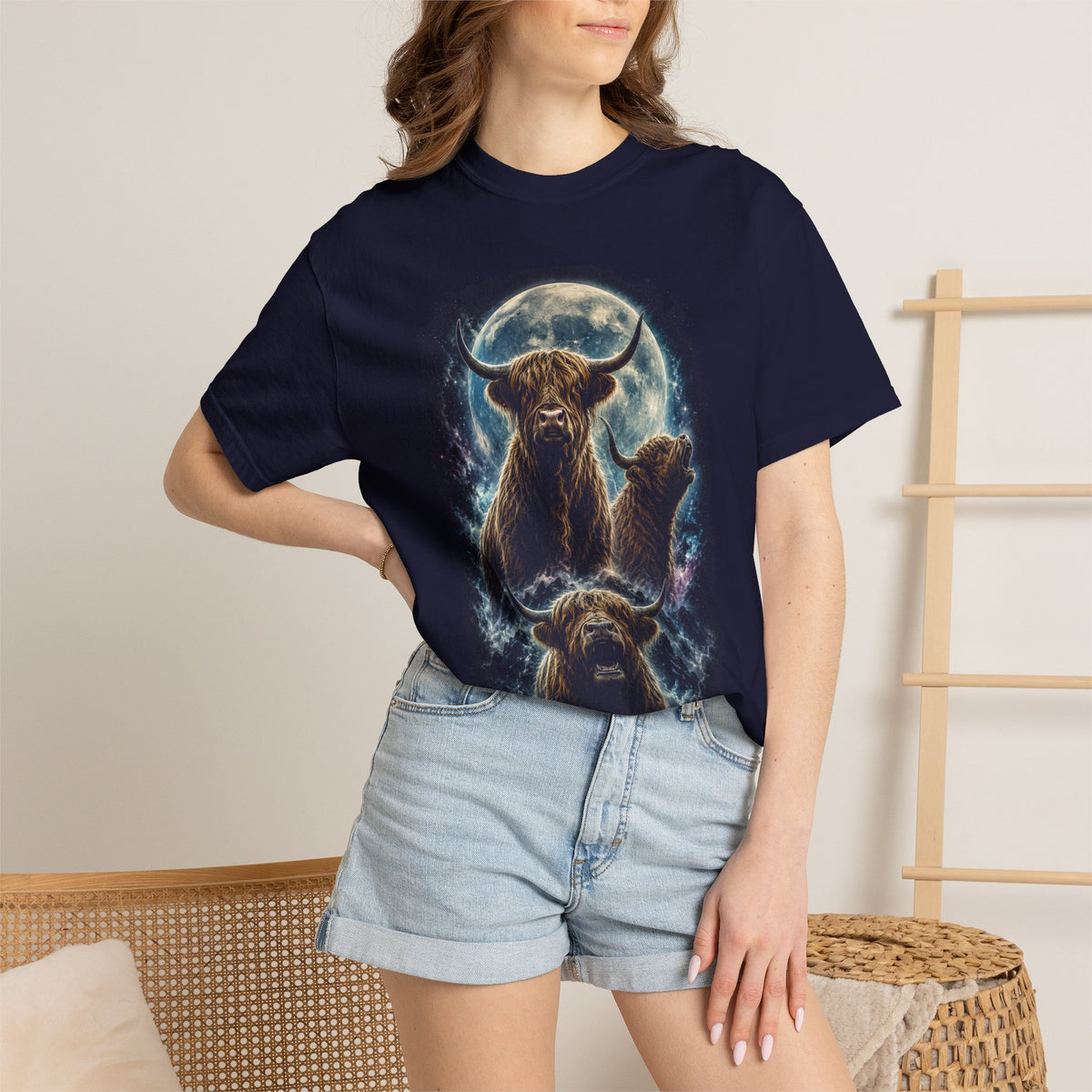 Highland Cattle Moon T-Shirt — Mystical Three-Head Cow Design