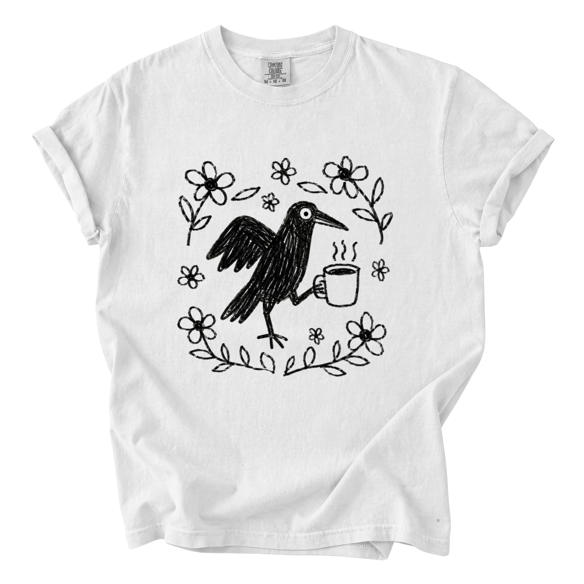 Cute Crow Holding Coffee Comfort Colors T-Shirt | Whimsical Hand-Drawn Bird Graphic Tee