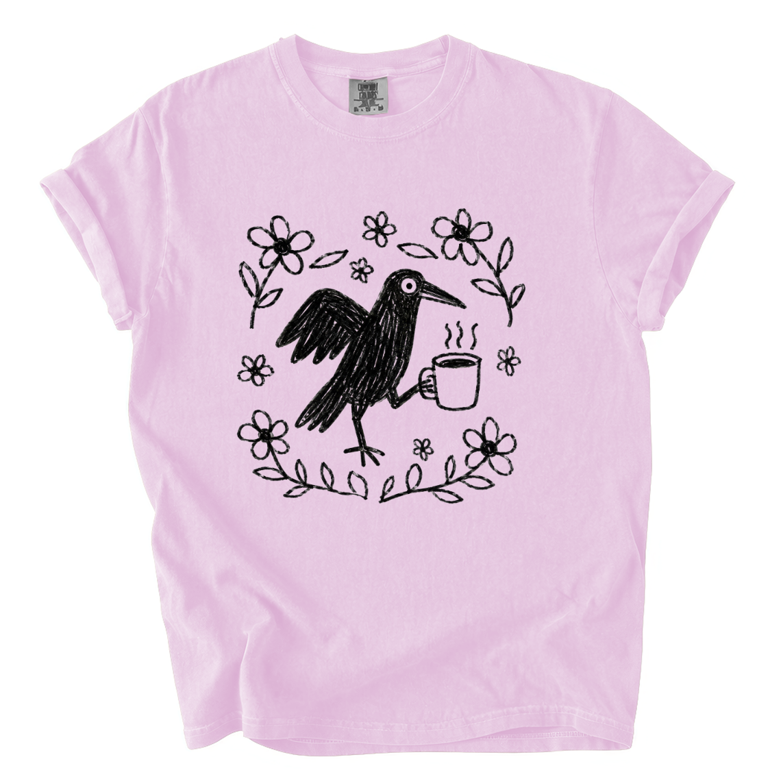 Cute Crow Holding Coffee Comfort Colors T-Shirt | Whimsical Hand-Drawn Bird Graphic Tee