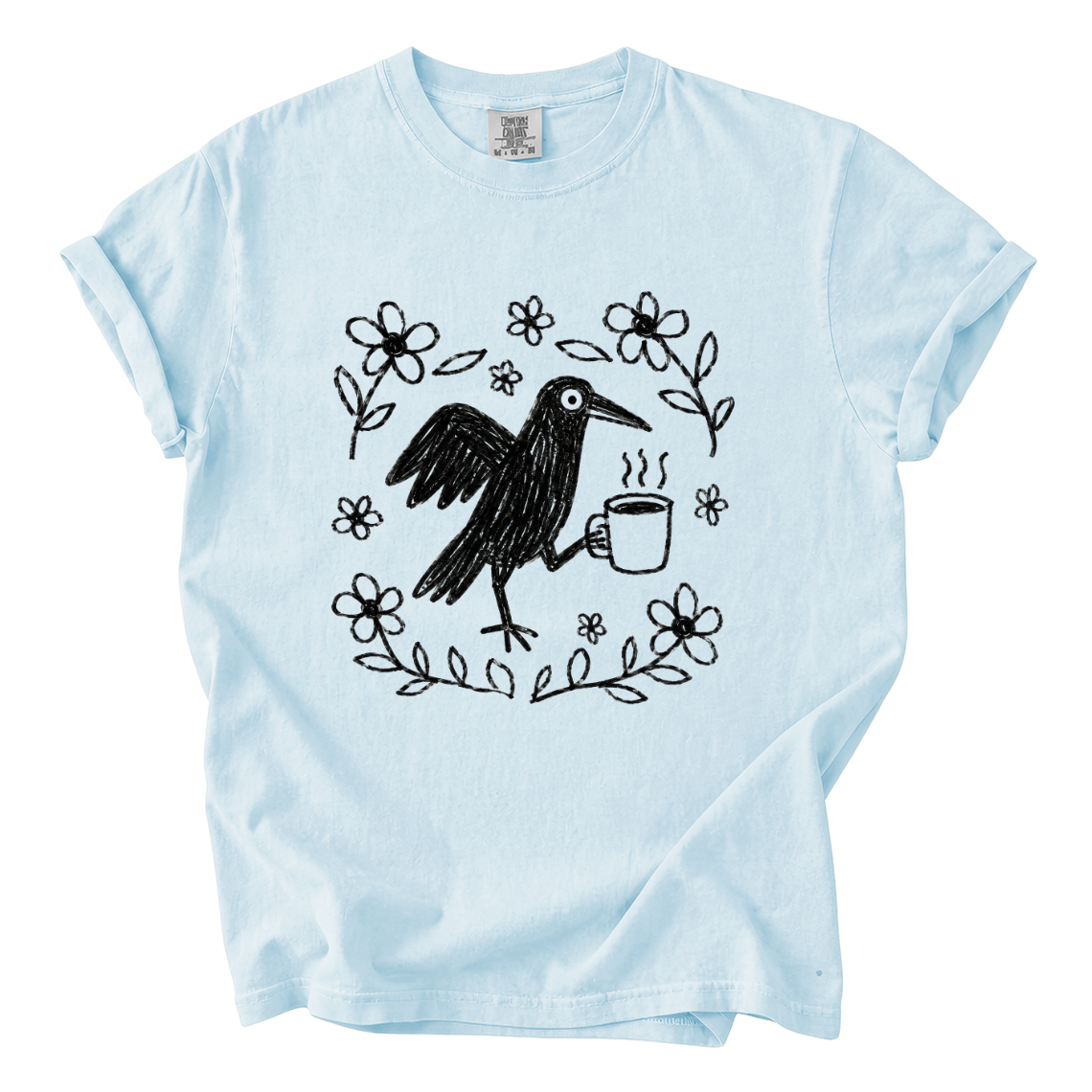 Cute Crow Holding Coffee Comfort Colors T-Shirt | Whimsical Hand-Drawn Bird Graphic Tee