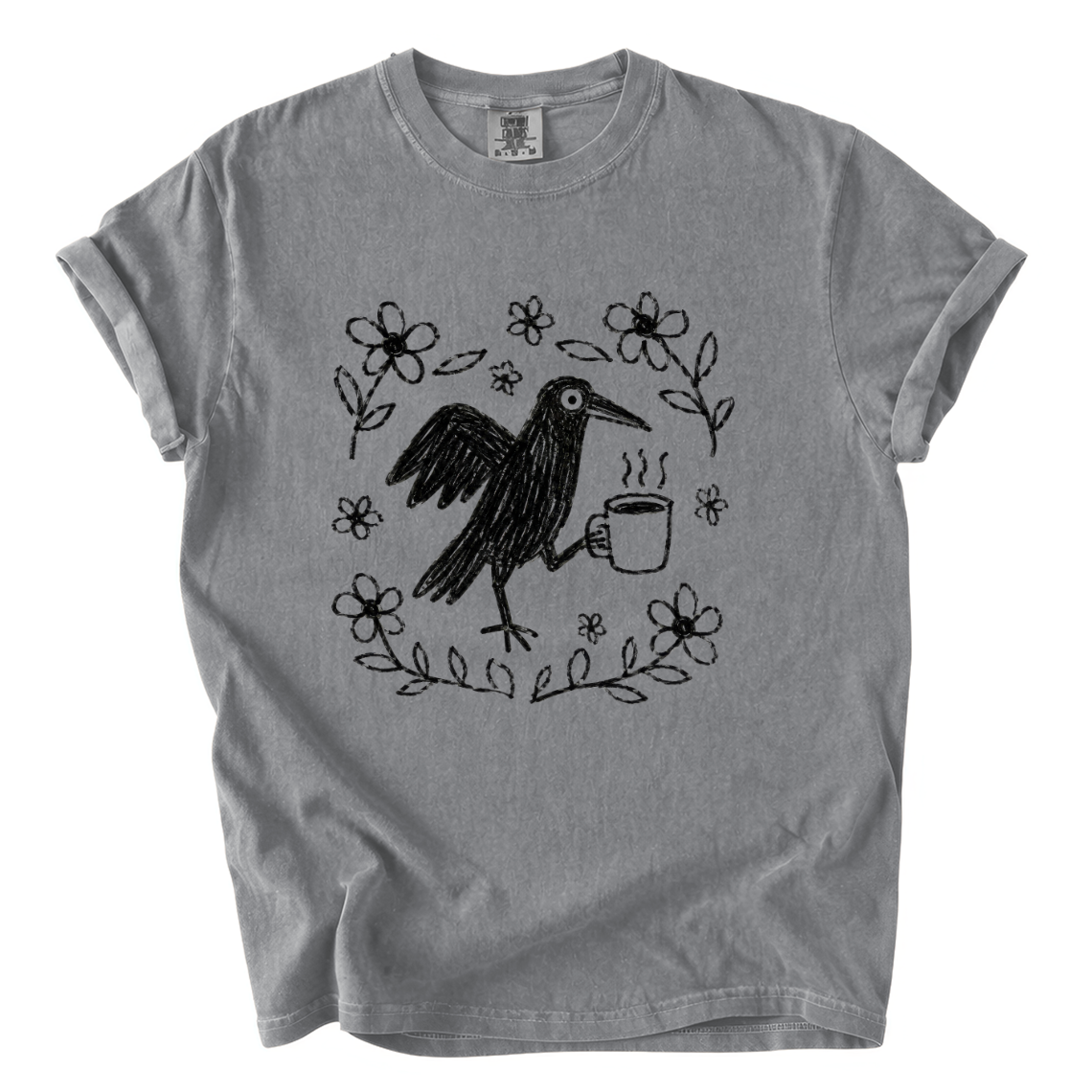 Cute Crow Holding Coffee Comfort Colors T-Shirt | Whimsical Hand-Drawn Bird Graphic Tee
