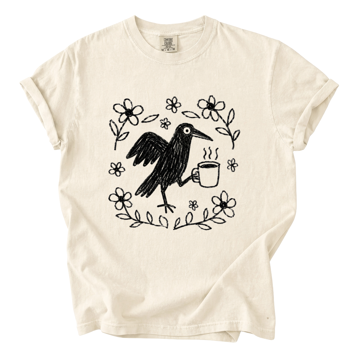 Cute Crow Holding Coffee Comfort Colors T-Shirt | Whimsical Hand-Drawn Bird Graphic Tee