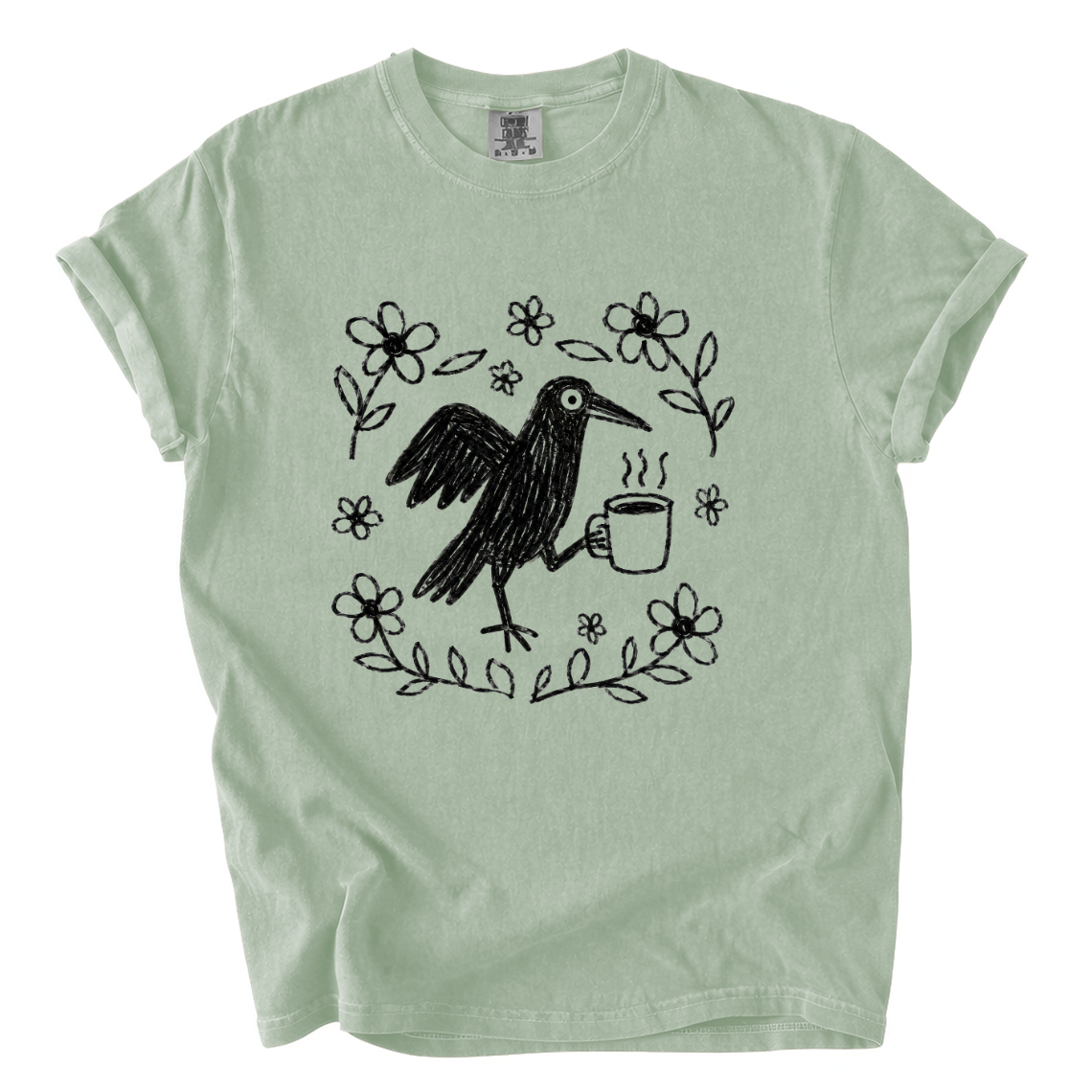 Cute Crow Holding Coffee Comfort Colors T-Shirt | Whimsical Hand-Drawn Bird Graphic Tee