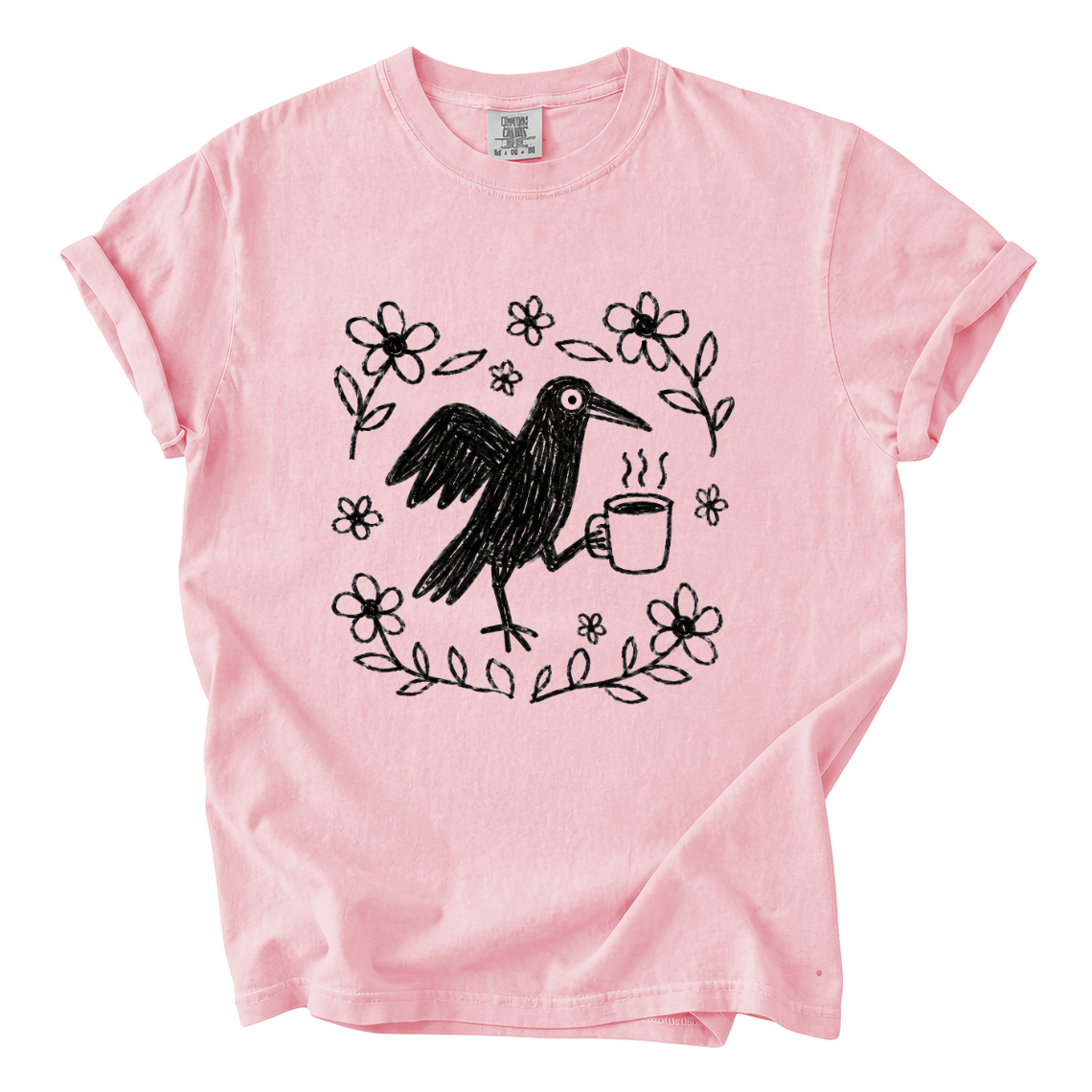 Cute Crow Holding Coffee Comfort Colors T-Shirt | Whimsical Hand-Drawn Bird Graphic Tee