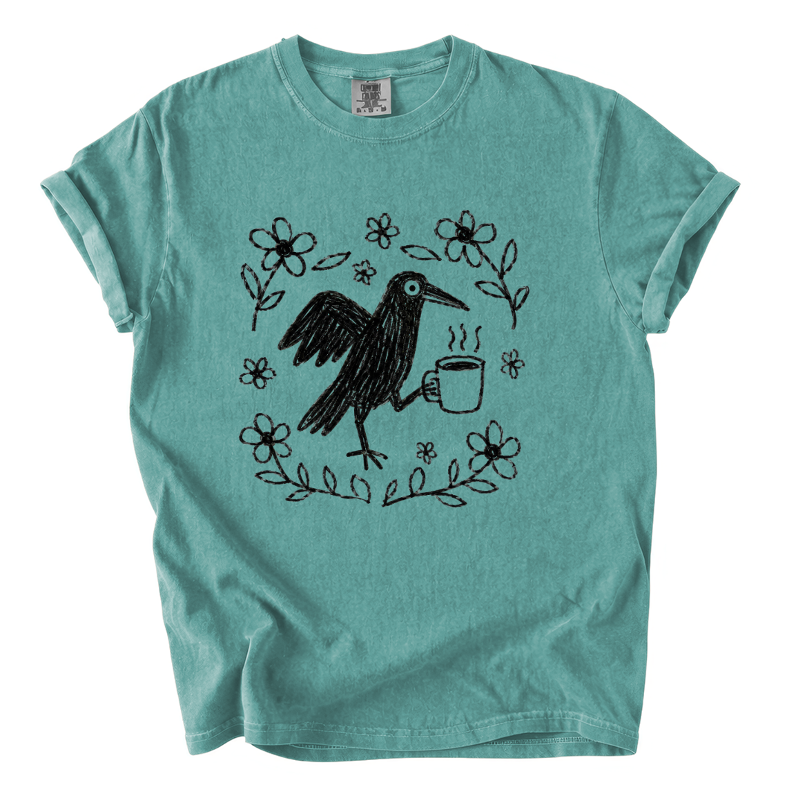 Cute Crow Holding Coffee Comfort Colors T-Shirt | Whimsical Hand-Drawn Bird Graphic Tee