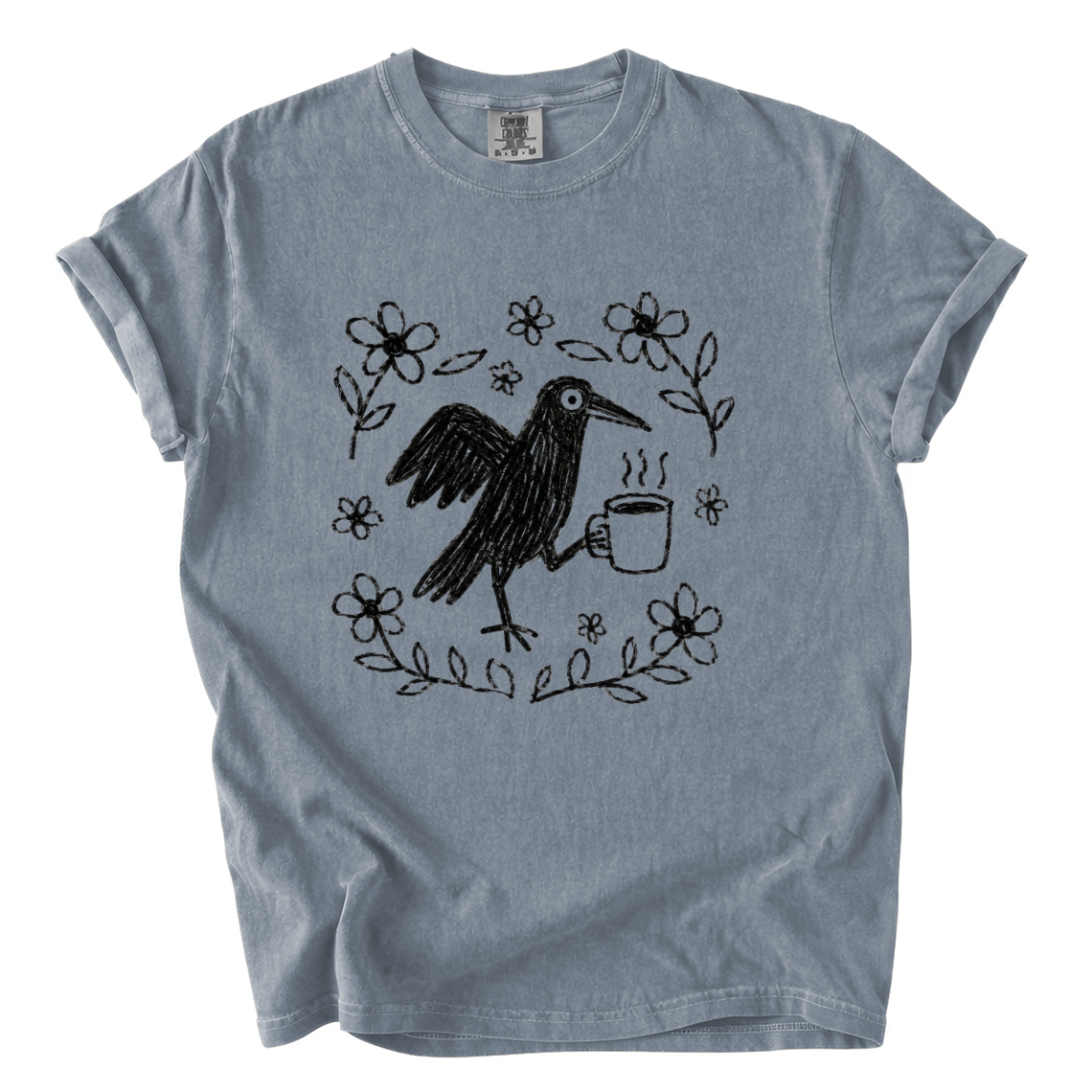 Cute Crow Holding Coffee Comfort Colors T-Shirt | Whimsical Hand-Drawn Bird Graphic Tee