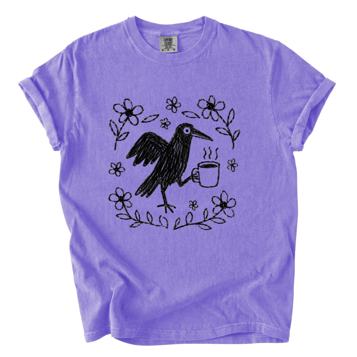 Cute Crow Holding Coffee Comfort Colors T-Shirt | Whimsical Hand-Drawn Bird Graphic Tee