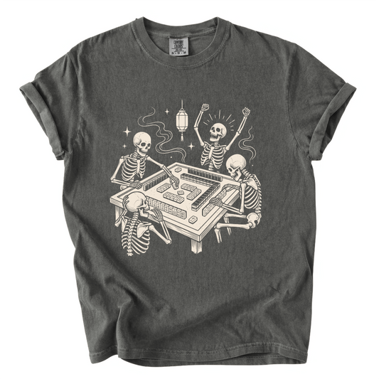 Skeletons Playing Mahjong Comfort Colors T-Shirt | Funny Halloween Game Night Graphic Tee