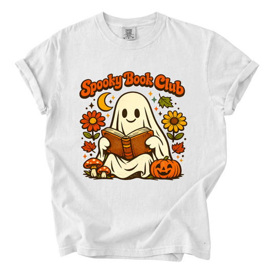 Spooky Book Club Comfort Colors T-Shirt | Cute Ghost Reading Halloween Book Lover Tee