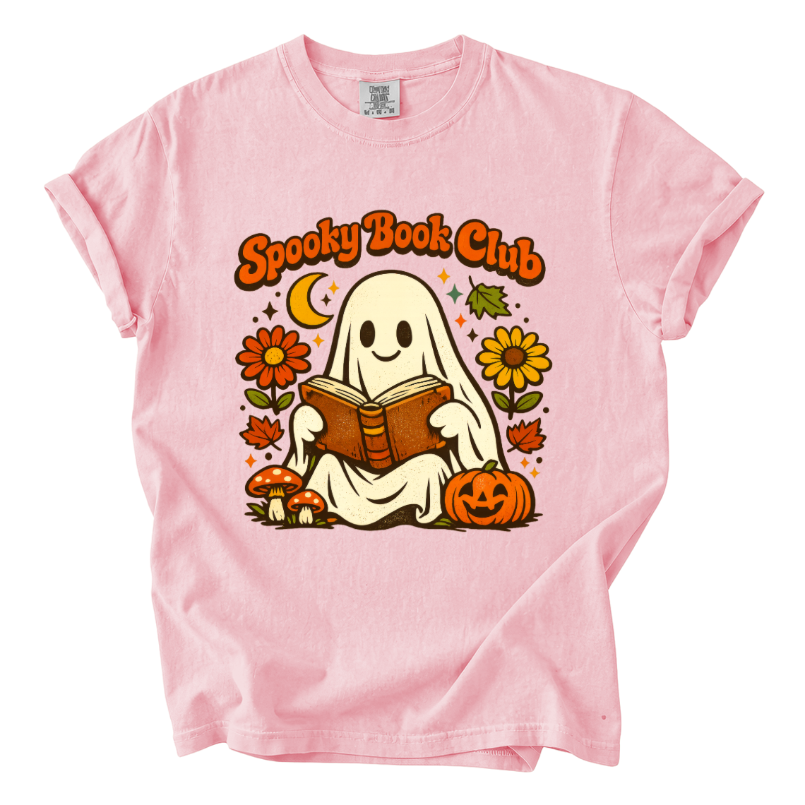 Spooky Book Club Comfort Colors T-Shirt | Cute Ghost Reading Halloween Book Lover Tee