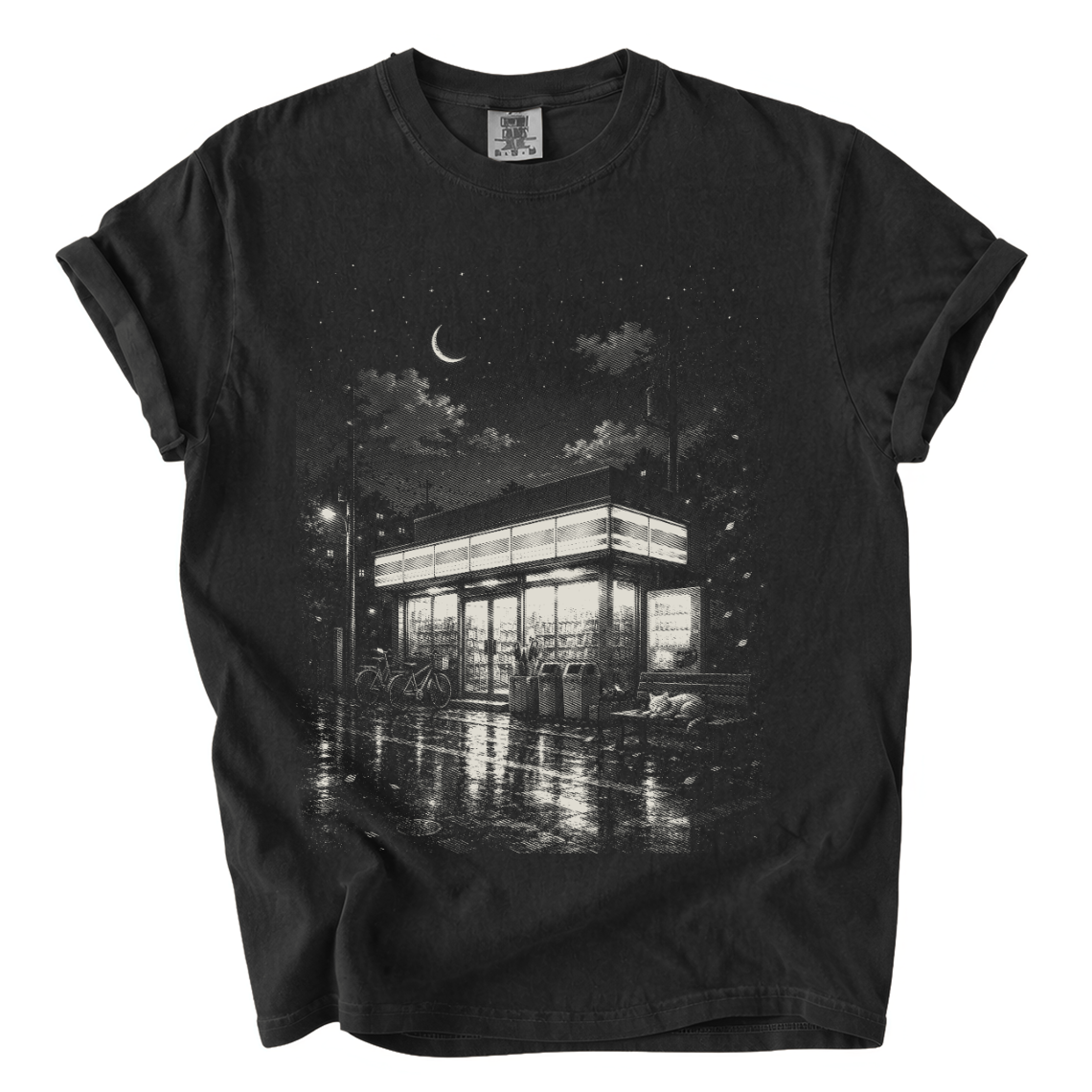 Japanese Konbini Night Comfort Colors T-Shirt | Rainy Convenience Store Graphic Tee