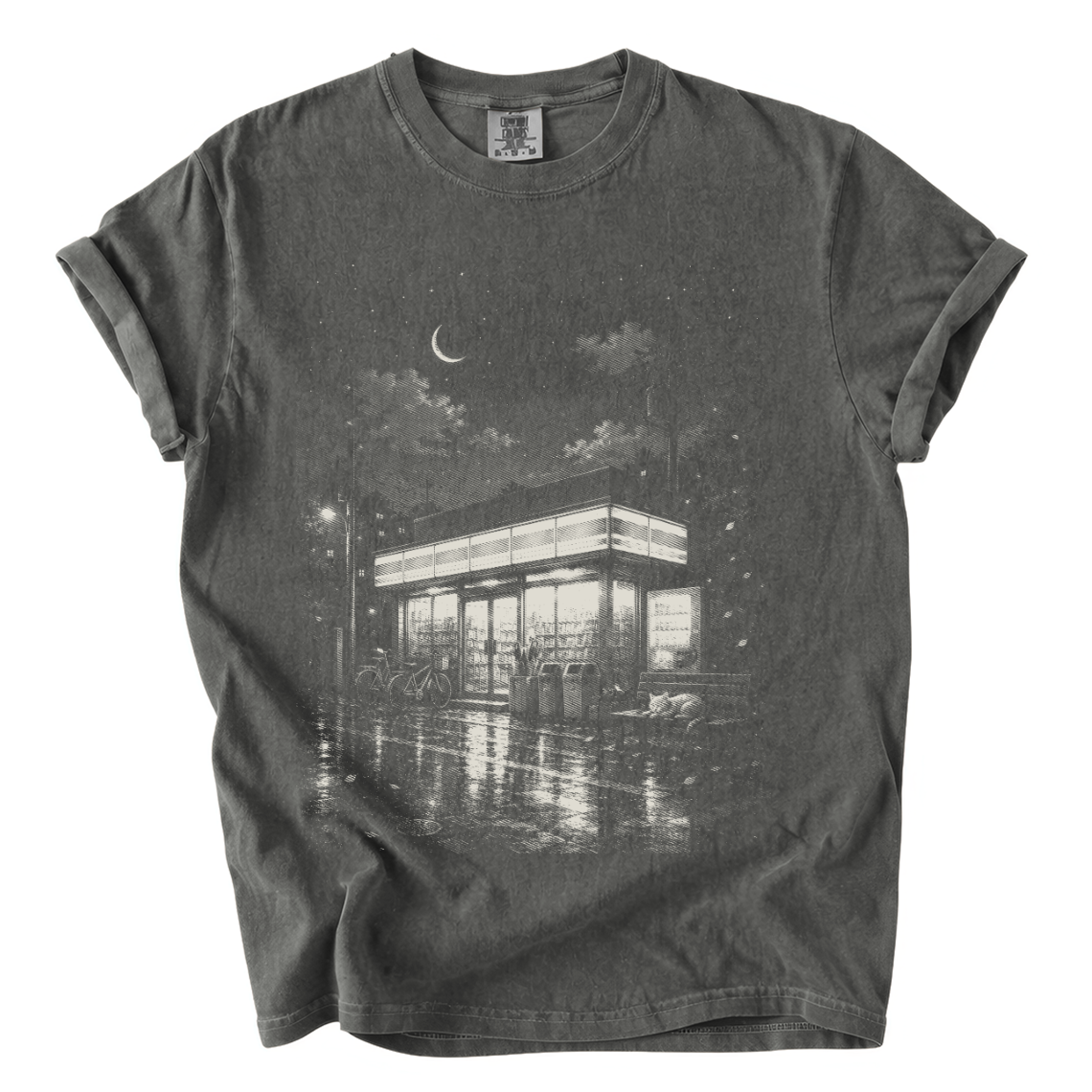 Japanese Konbini Night Comfort Colors T-Shirt | Rainy Convenience Store Graphic Tee