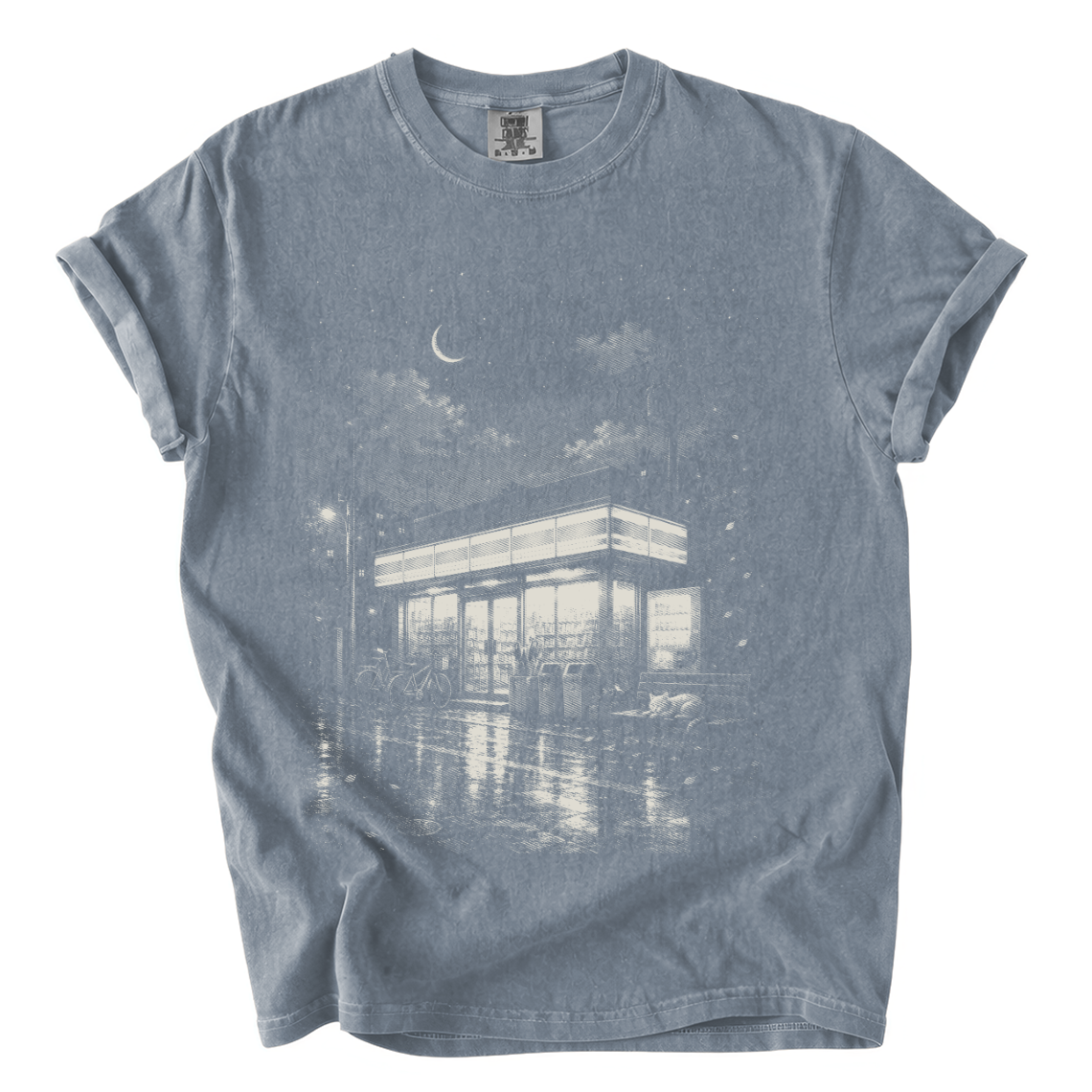 Japanese Konbini Night Comfort Colors T-Shirt | Rainy Convenience Store Graphic Tee