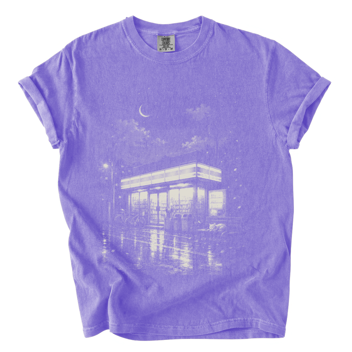 Japanese Konbini Night Comfort Colors T-Shirt | Rainy Convenience Store Graphic Tee