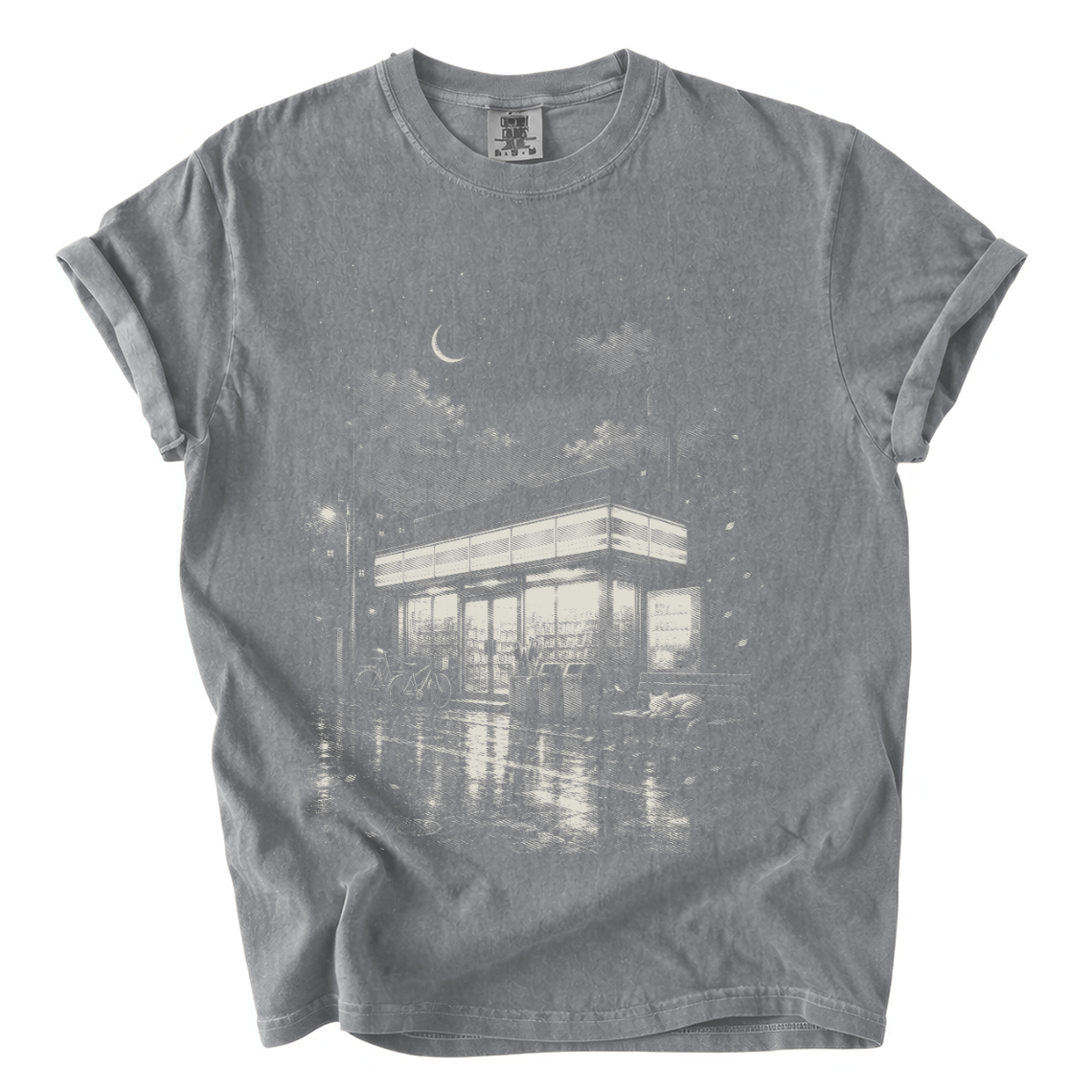 Japanese Konbini Night Comfort Colors T-Shirt | Rainy Convenience Store Graphic Tee