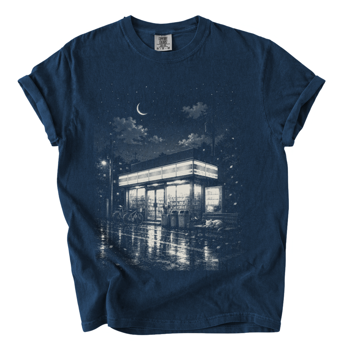 Japanese Konbini Night Comfort Colors T-Shirt | Rainy Convenience Store Graphic Tee