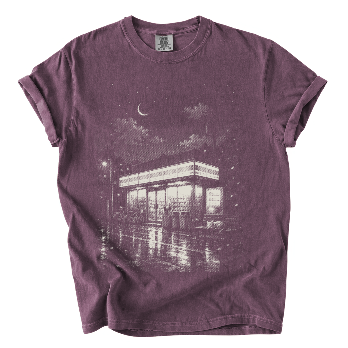 Japanese Konbini Night Comfort Colors T-Shirt | Rainy Convenience Store Graphic Tee