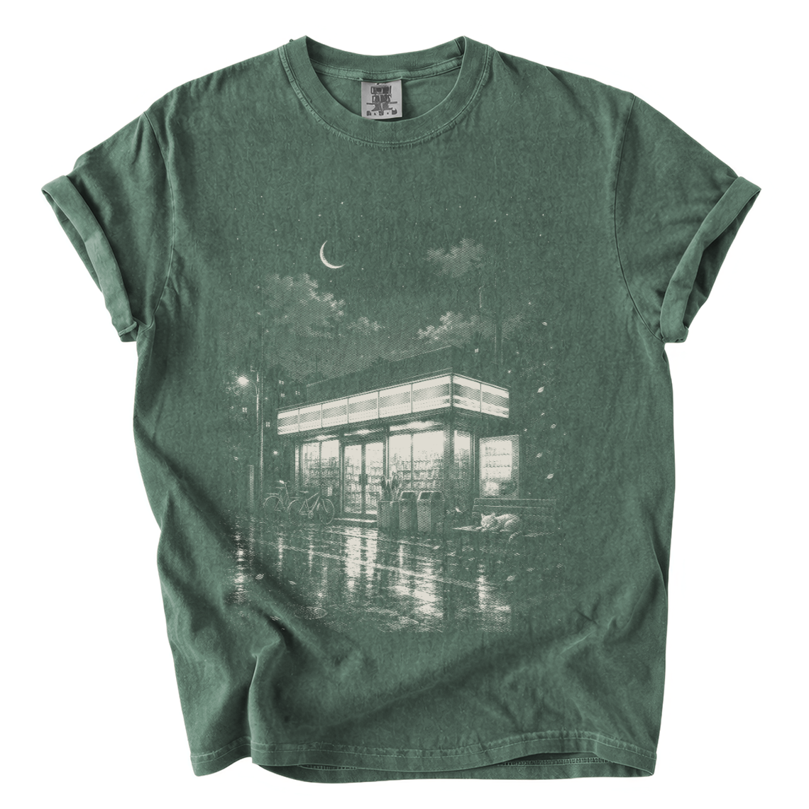 Japanese Konbini Night Comfort Colors T-Shirt | Rainy Convenience Store Graphic Tee
