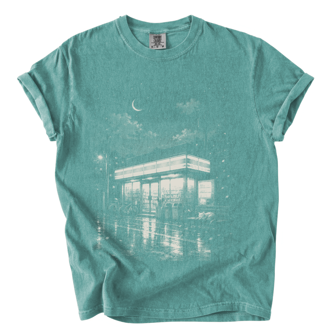 Japanese Konbini Night Comfort Colors T-Shirt | Rainy Convenience Store Graphic Tee