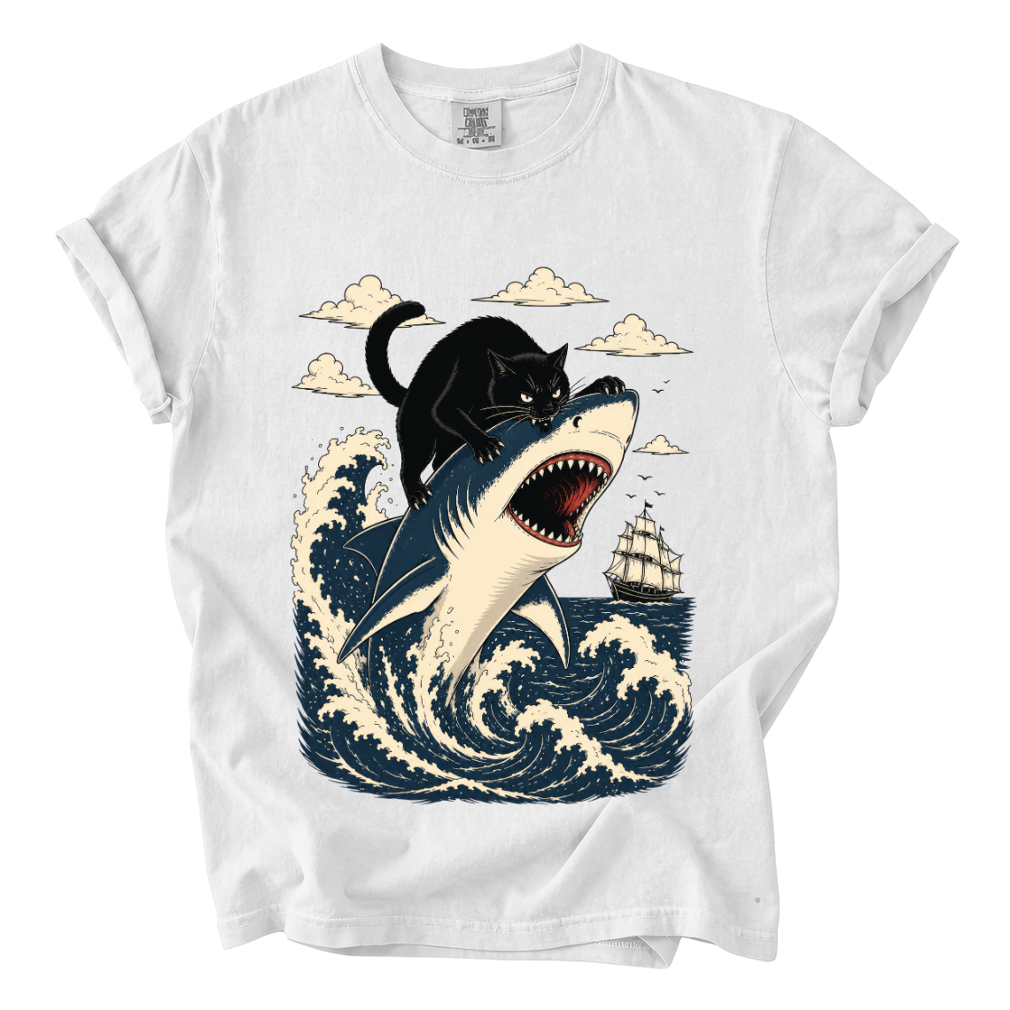 Black Cat Riding Shark Comfort Colors T-Shirt | Funny Ocean Animal Graphic Tee