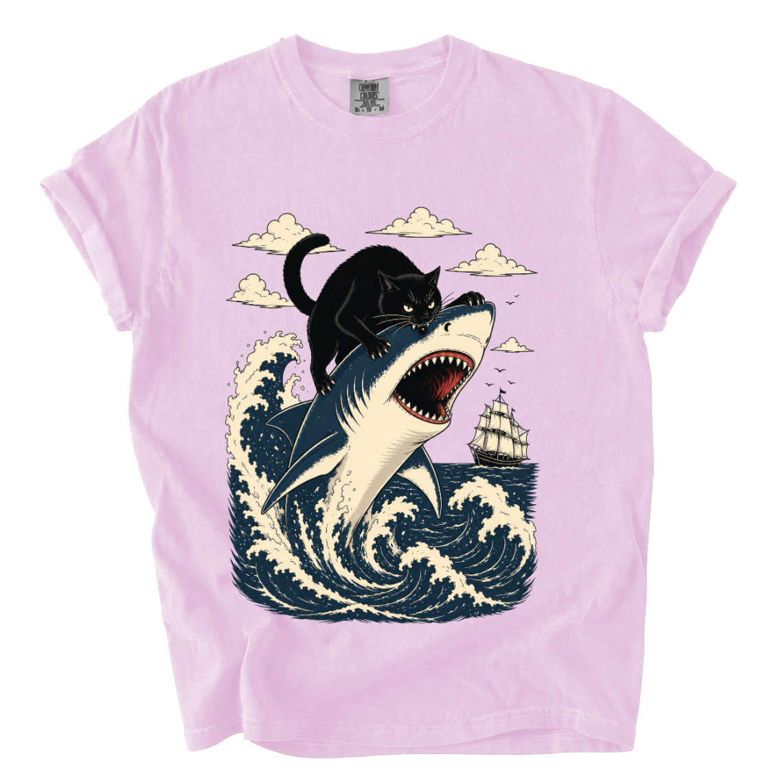 Black Cat Riding Shark Comfort Colors T-Shirt | Funny Ocean Animal Graphic Tee