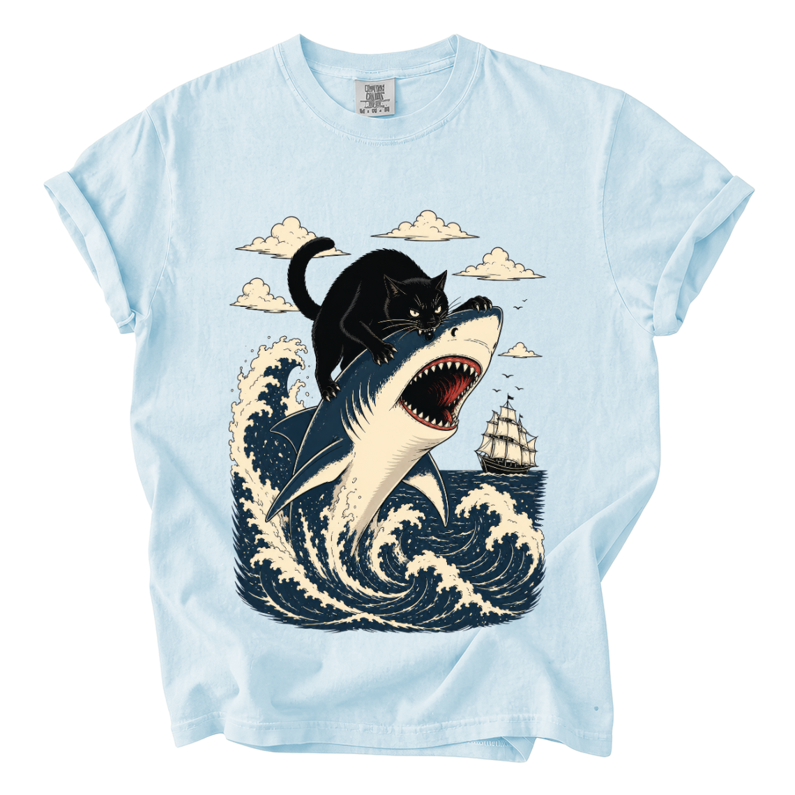 Black Cat Riding Shark Comfort Colors T-Shirt | Funny Ocean Animal Graphic Tee