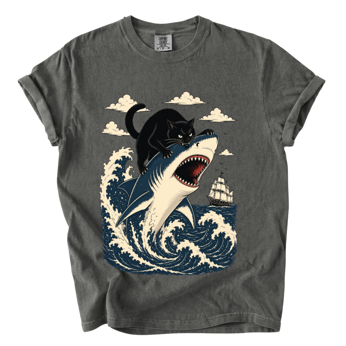 Black Cat Riding Shark Comfort Colors T-Shirt | Funny Ocean Animal Graphic Tee