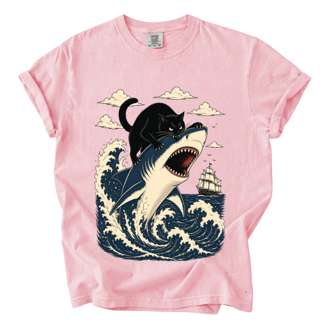 Black Cat Riding Shark Comfort Colors T-Shirt | Funny Ocean Animal Graphic Tee