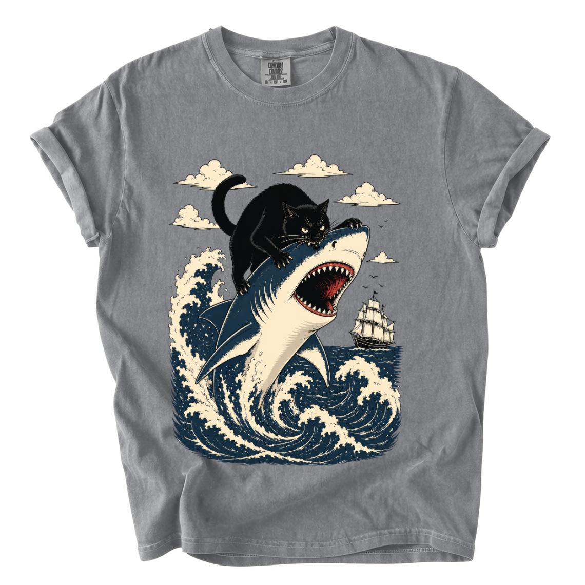 Black Cat Riding Shark Comfort Colors T-Shirt | Funny Ocean Animal Graphic Tee