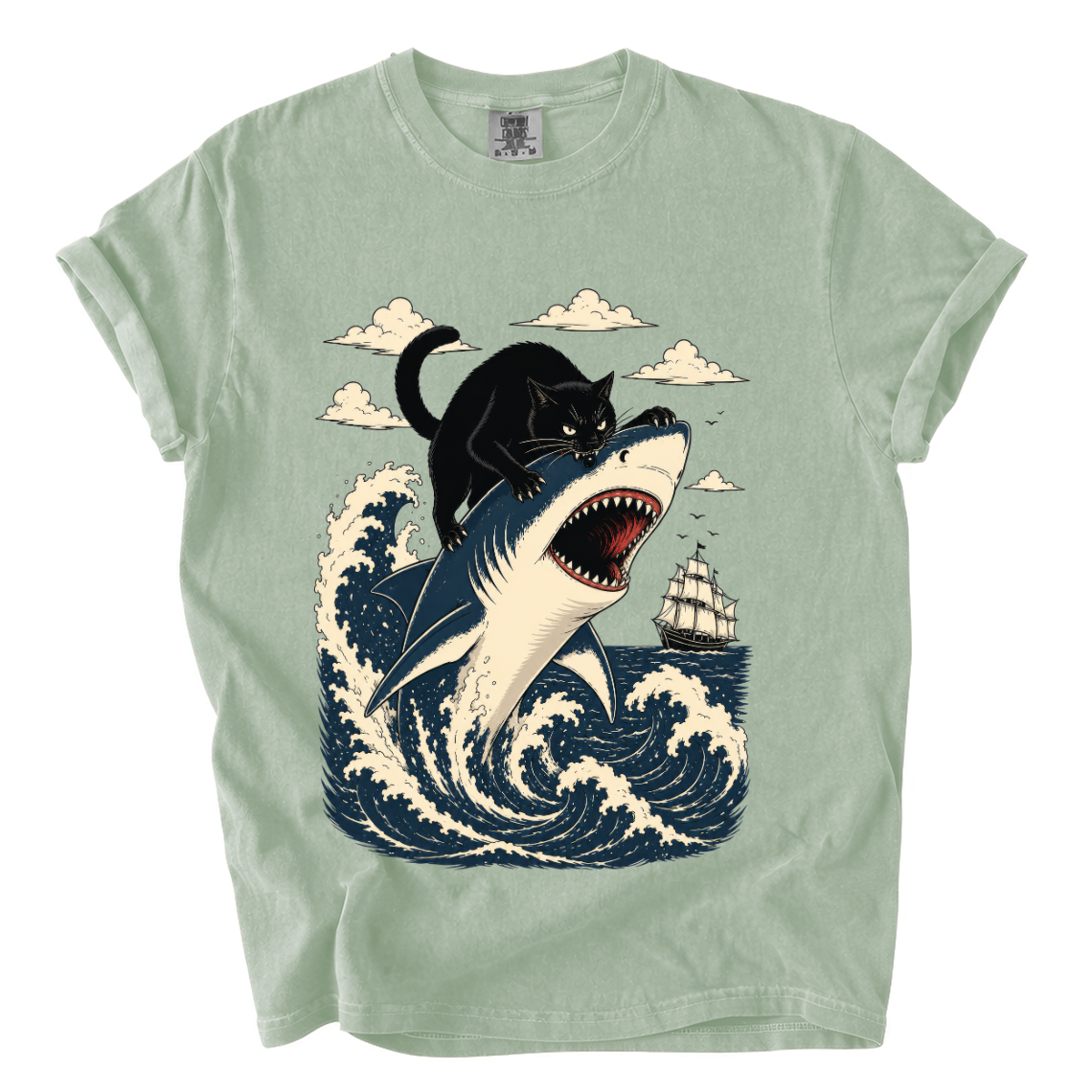 Black Cat Riding Shark Comfort Colors T-Shirt | Funny Ocean Animal Graphic Tee