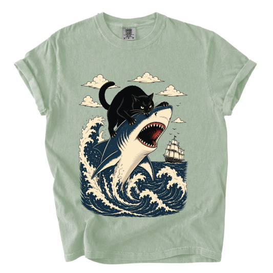 Black Cat Riding Shark Comfort Colors T-Shirt | Funny Ocean Animal Graphic Tee