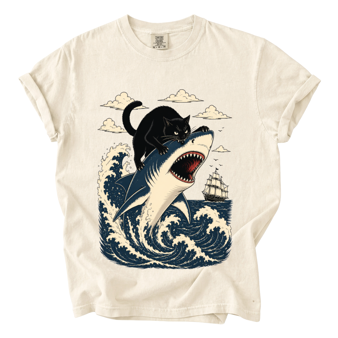 Black Cat Riding Shark Comfort Colors T-Shirt | Funny Ocean Animal Graphic Tee