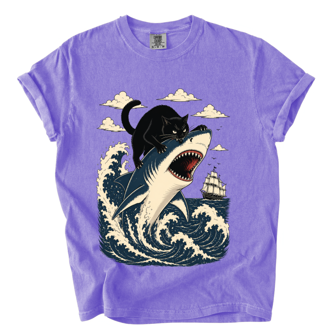 Black Cat Riding Shark Comfort Colors T-Shirt | Funny Ocean Animal Graphic Tee