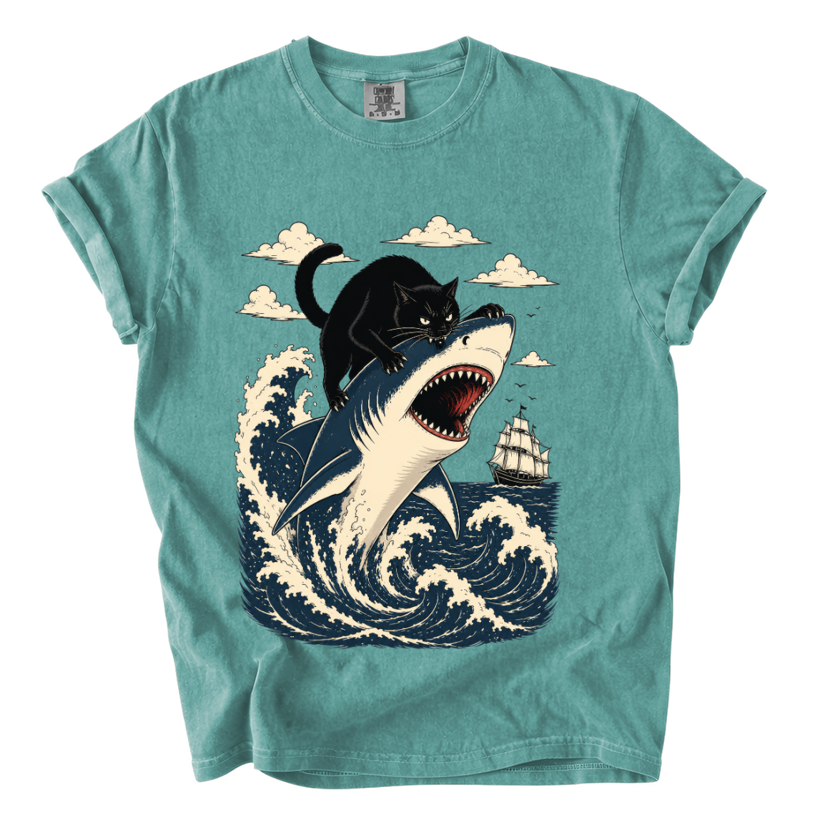 Black Cat Riding Shark Comfort Colors T-Shirt | Funny Ocean Animal Graphic Tee