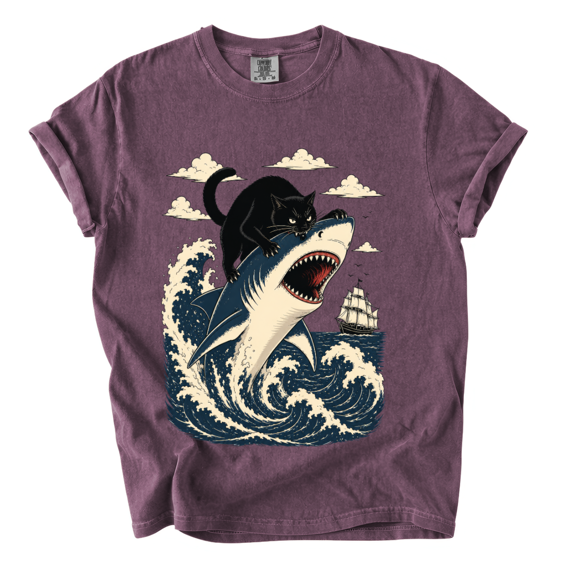 Black Cat Riding Shark Comfort Colors T-Shirt | Funny Ocean Animal Graphic Tee