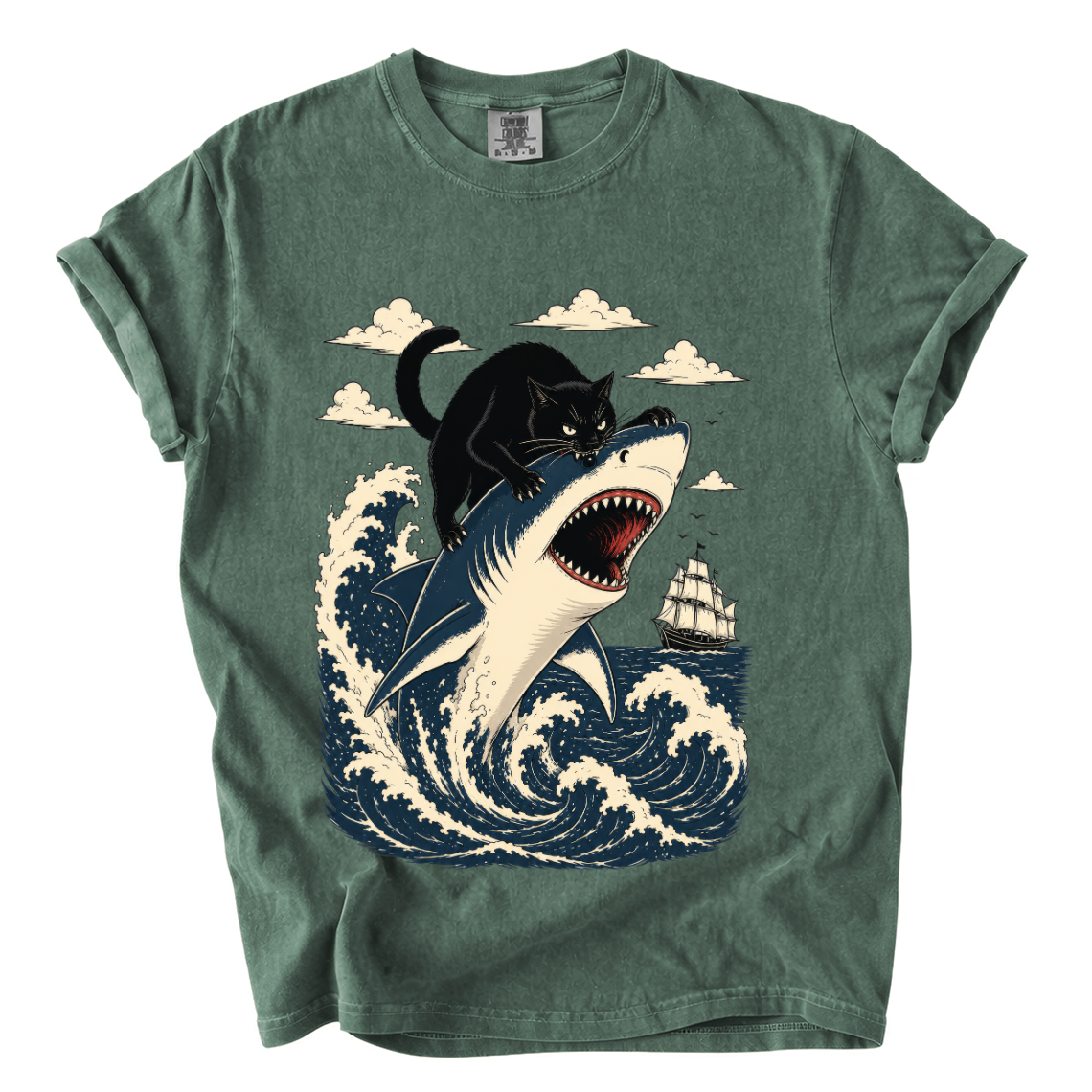Black Cat Riding Shark Comfort Colors T-Shirt | Funny Ocean Animal Graphic Tee