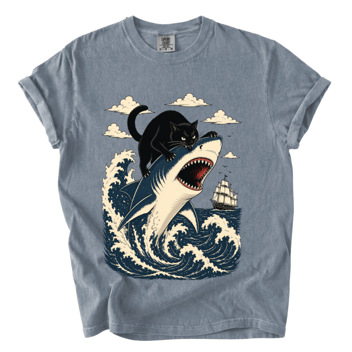 Black Cat Riding Shark Comfort Colors T-Shirt | Funny Ocean Animal Graphic Tee