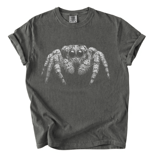 Jumping Spider Comfort Colors T-Shirt | Detailed Black and White Arachnid Graphic Tee