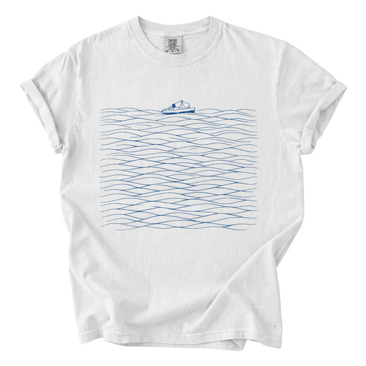 Ocean Wave Boat T-Shirt — Minimal Nautical Graphic Tee