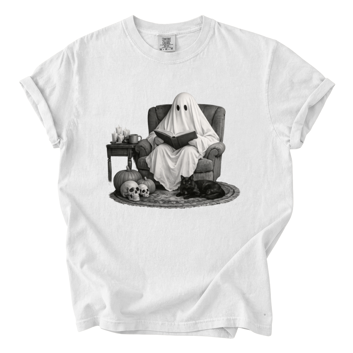 Ghost Reading With Black Cat Shirt – Spooky Bookish Comfort Colors Tee